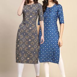 KALINI Women Pack of 2 Blue & Beige Geometric Printed Summer Sheers Crepe Kurta-picture-50