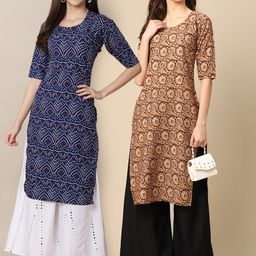KALINI Women Pack Of 2 Blue & Brown Ethnic Motifs Printed Block Print Crepe Kurta-image-73