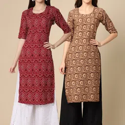 KALINI Women Pack Of 2 Maroon & Brown Ethnic Motifs Printed Block Print Crepe Kurta-image-84