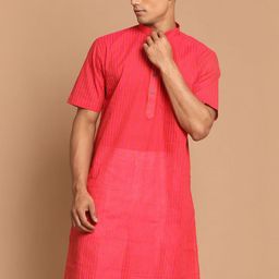 VASTRAMAY Pink Striped Pure Cotton Kurta-image-1