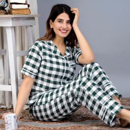Women Shirt & Pyjama set Dark Green Checkered-image-93