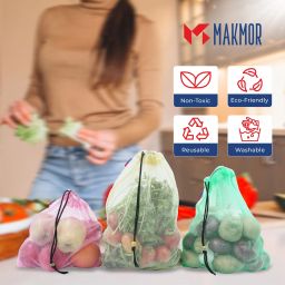 makmor Cotton Multi color Reusable Drawstring Vegetable Grocery Bag Holds up to 3 Kg Pack of 12 Grocery Bags image 3
