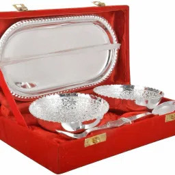 Attractive Silver and gold Plated Brass Bowl Set of 5 Pcs Floral with Velvet Box-(2 Bowl, 2 Spoons, 1 Tray) Bowl, Spoon, Tray Serving Set-picture-26