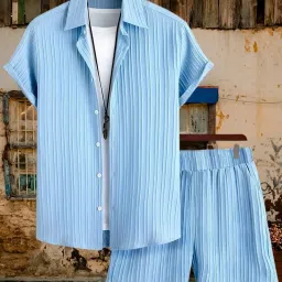 Men Night Suit Set Light Blue Self Design-image-34