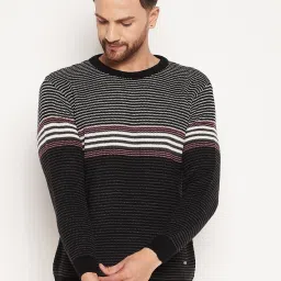Men Striped Round Neck Black Sweater-image-3