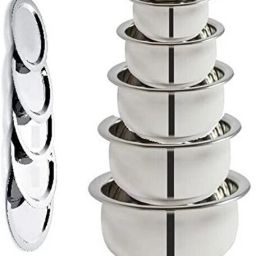 Steel Stainless Steel Handi with Lid Cooking Serving Pot 5 Pc, Biryani Handi A0 4.7 inch, 5.5 inch, 6.2 inch, 6.6 inch, 7.4 inch Lid, Pack of 10-26