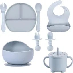 Set of 8 Baby Kid Feeding Dinner Set 1 Plate,2 Spoon,2 Fork,1 Bib,1 Cup,1 Bowl - Silicone-picture-20