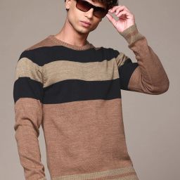 Men Colorblock Round Neck Brown Sweater-image-80