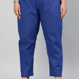 Women Regular Fit Blue Pure Cotton Trousers-image-3