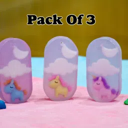 Soap with Unicorn Eraser| Handmade / Handcrafted & Hand cut| Kids friendly Organic Soap for All skin with moon and star details (120 gms approx.)(Unicorn, Pack Of 3)-picture-1