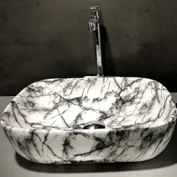 Art Wash Basin Countertop, Tabletop Ceramic Bathroom Sink/Basin Bathroom Rectangular Shape Marble Finish 18 X 13 X 6 Inch(White & Black) Table Top Basin-image-29
