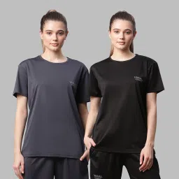 Pack of 2 Women Solid Round Neck Polyester Black, Grey T-Shirt-image-2