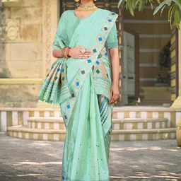 KAMDAR Sky Blue Poly Pat Raw Silk Blend Assamese Mekhela Sador-24