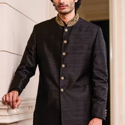 Tasva Men Black Zardozi Embroidered Collar Classic Achkan-picture-5