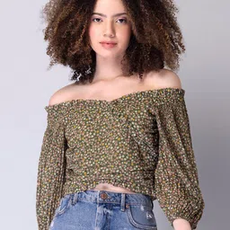 FabAlley Green Floral Print Off-Shoulder Georgette Bardot Crop Top-image-71