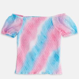 Pantaloons Junior Girls Tie And Dye Off-Shoulder Smocked Cotton Bardot Top-image-3