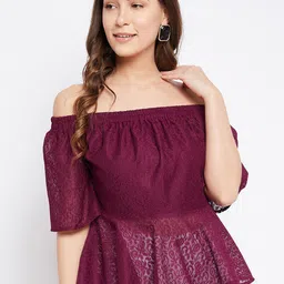 Imfashini Burgundy Off-Shoulder Lace Peplum Top-picture-12