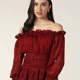 Beatnik Maroon Off-Shoulder Puff Sleeve Bardot Top-image-72