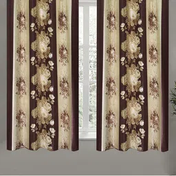 Aura Brown & Beige 2Pcs  Floral Room Darkening Window Curtain-21