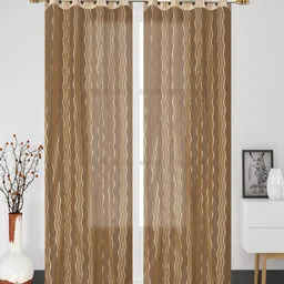 Homefab India Wavenet Camel Brown & Gold-Toned 2 Pieces Self Design Sheer Window Curtains-image-13