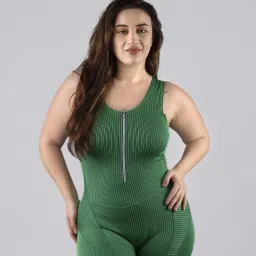 plus size sleeveless zipper ribbed leg suit for women Striped Women Green Swimsuit-image-34