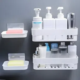 Plastic Wall Mounted Rack Shelf With Soap Dish Holder Wall Shelf (PACK OF 4) Plastic Wall Shelf-26