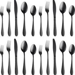 Hammered Matte Black Silverware Set | 20-Piece Premium Elegant Flatware Set Stainless Steel Cutlery Set-image-62