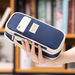Expandable Double Layer Pencil Case, Large Capacity Pen Pouch with Mesh Pockets solid Art Canvas Pencil Box-4