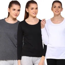 Pack of 3 Women Solid Round Neck Cotton Blend Multicolor, White, Black, Grey T-Shirt-image-14