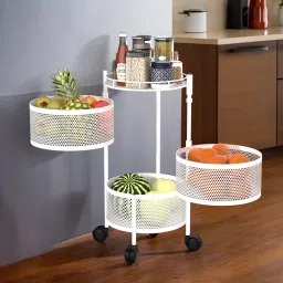 3-Tier Rotating Multipurpose Storage Rack Trolley with Wheels | White Iron Fruit & Vegetable Basket-91