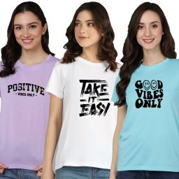 Pack of 3 Women Graphic Print Round Neck Cotton Blend Multicolor T-Shirt-image-64