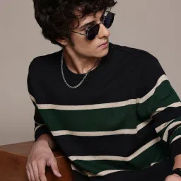 Men Striped Round Neck Black Sweater-image-68