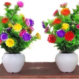 Artificial flower for home decoration pair set of 2 small table plant for office ,balcony ,dining table. yellow orange pink purple colour plant real look grass best product for gift. Bonsai Wild Artificial Plant with Pot-14