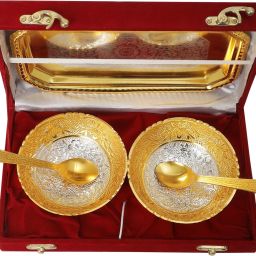 2 gold plated bawl, 2 gold plated spoon, 1 Trey Bowl, Spoon, Tray Serving Set-13