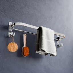 Wall Mount Bathroom Accessorie Towel Rack/Shelf WIth Adjustable Utility Hooks & silver Towel Holder-8