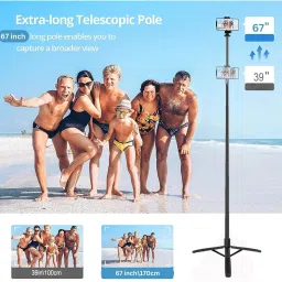 CROWNVIZ Extra Long Selfie stick 170cm Y17 Selfie Stick Tripod Flash included & many features Bluetooth Selfie Stick image 3