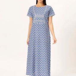 ETC Blue Ethnic Motifs Printed Pure Cotton Maxi Nightdress-image-29