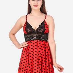 Romaisa Women Red & Black Satin Printed Lace Baby Doll-image-47