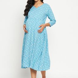 Hypernation Women Blue Printed Maternity Nightdress-image-52