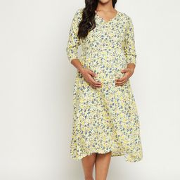 Hypernation Women Yellow Printed Maternity Nightdress-image-40