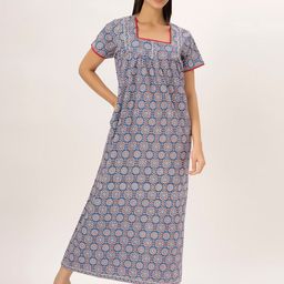ETC Blue Ethnic Motifs Printed Square Neck Pure Cotton Maxi Nightdress-picture-56