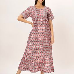 ETC Red Printed Pure Cotton Maxi Nightdress-image-9
