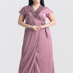 NIGHT KEYS Lace & Bow Detail Satin Maxi Nightdress With Robe-image-80