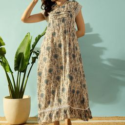 The Kaftan Company Ethnic Motifs Printed Short Sleeves Pure Cotton Maxi Nightdress-image-6