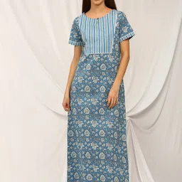 Bannos Swagger Blue Ethnic Motifs Printed Pure Cotton Kaftan Nightdress-image-15