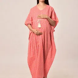 CRAFIQA Women Peach Printed Pure Cotton Maternity & Nursing Kaftan Maxi Nightdress-image-75