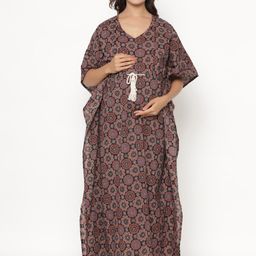 CRAFIQA Women Brown Printed Pure Cotton Maternity & Nursing Kaftan Maxi Nightdress-picture-37