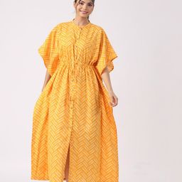 JISORA Yellow Geometric Printed Pure Cotton Kaftan Maxi Nightdress-picture-7