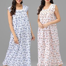 Shararat Pack of 2 Blue & Orange Pure Cotton Printed Maxi Nightdress-picture-11
