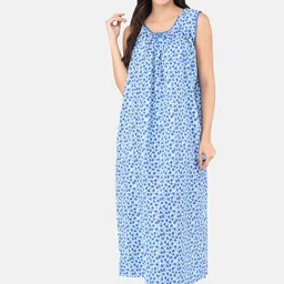 Shararat Women Blue &Off-White Printed Cotton Maxi Nightdress-image-89